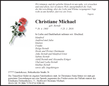 Traueranzeige von Christiane Michael von Nordwest-Zeitung