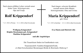 Traueranzeige von Maria Krippendorf von Nordwest-Zeitung