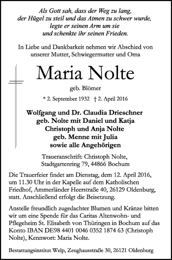 Traueranzeige von Maria Nolte von Nordwest-Zeitung