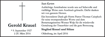 Traueranzeige von Gerold Krauel von Nordwest-Zeitung