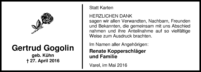  Traueranzeige für Gertrud Gogolin vom 21.05.2016 aus Nordwest-Zeitung