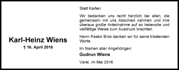 Traueranzeige von Karl-Heinz Wiens von Nordwest-Zeitung