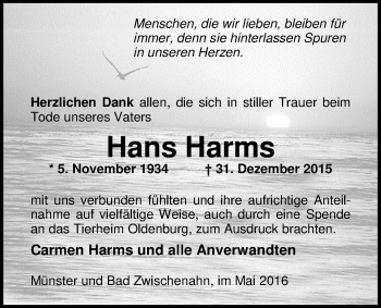 Traueranzeige von Hans Harms von Nordwest-Zeitung