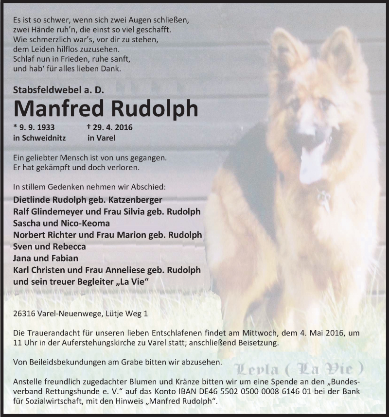  Traueranzeige für Manfred Rudolph vom 02.05.2016 aus Nordwest-Zeitung