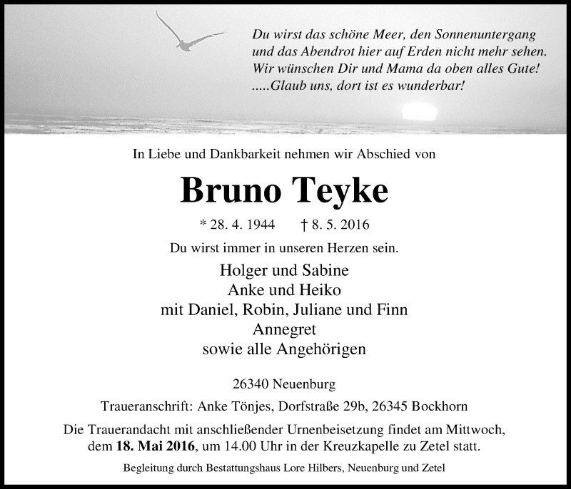  Traueranzeige für Bruno Teyke vom 10.05.2016 aus Nordwest-Zeitung