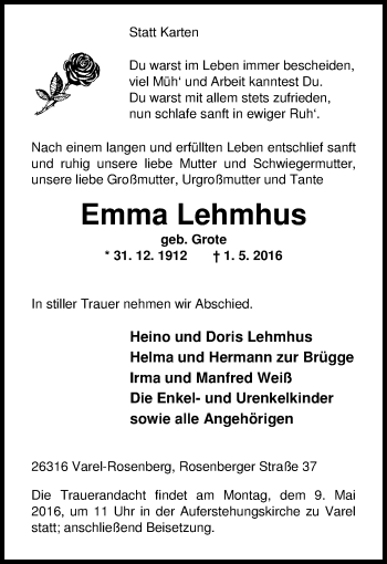 Traueranzeige von Emma Lehmhus von Nordwest-Zeitung