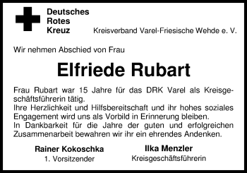 Traueranzeige von Elfriede Rubart von Nordwest-Zeitung
