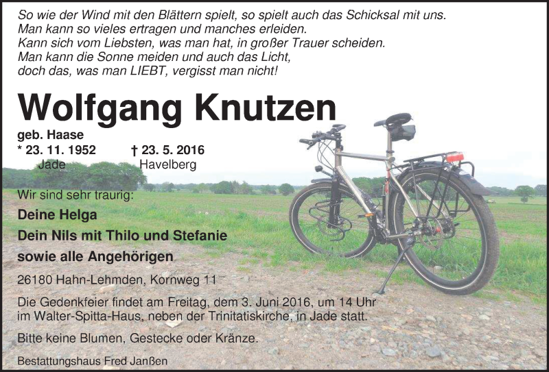  Traueranzeige für Wolfgang Knutzen vom 28.05.2016 aus Nordwest-Zeitung