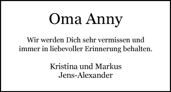 Traueranzeige von Anny Schumacher-Böckmann von Nordwest-Zeitung