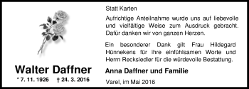 Traueranzeige von Walter Daffner von Nordwest-Zeitung