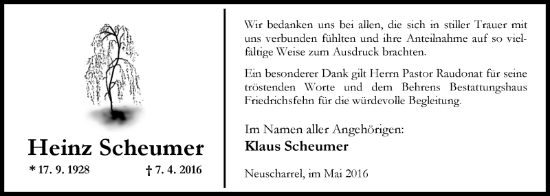  Traueranzeige für Heinz Scheumer vom 07.05.2016 aus Nordwest-Zeitung