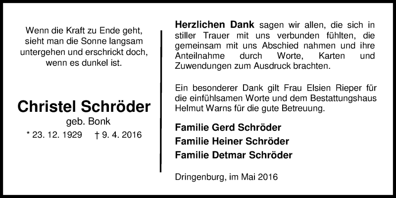  Traueranzeige für Christel Schröder vom 07.05.2016 aus Nordwest-Zeitung