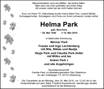 Traueranzeige von Helma Park von Nordwest-Zeitung