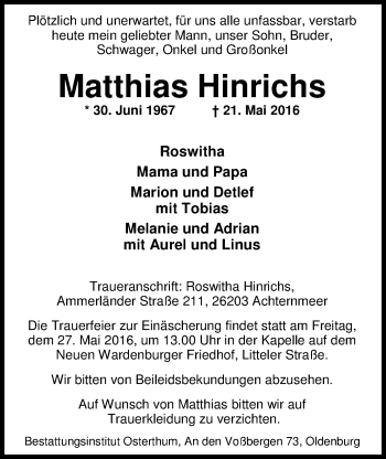 Traueranzeige von Matthias Hinrichs von Nordwest-Zeitung