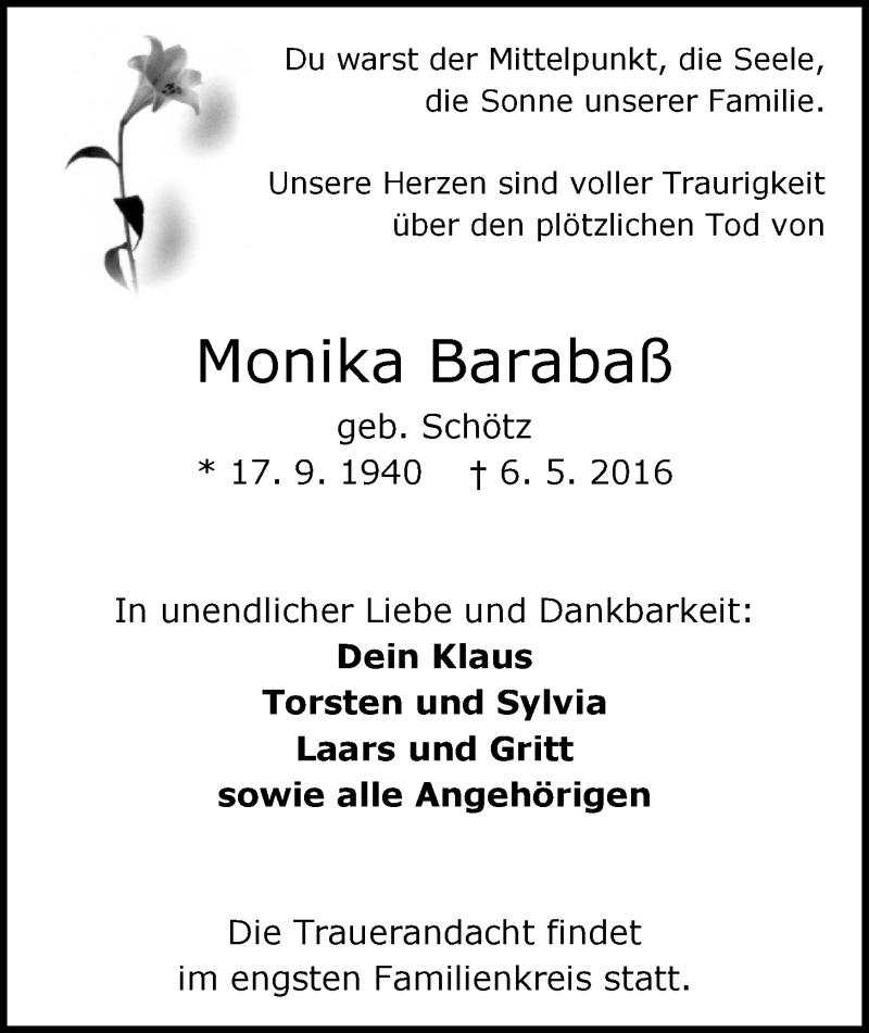  Traueranzeige für Monika Barabaß vom 14.05.2016 aus Nordwest-Zeitung