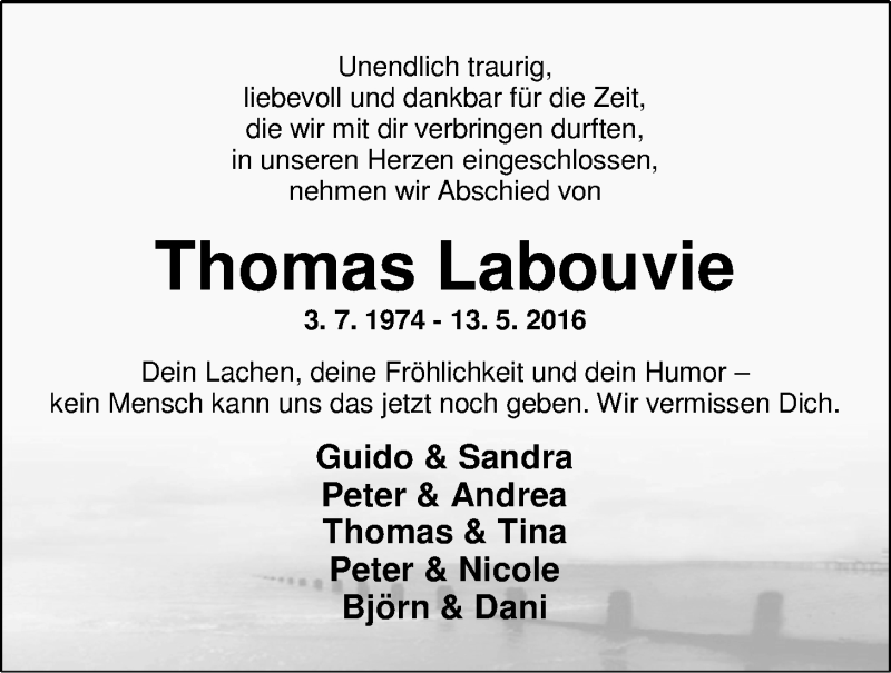  Traueranzeige für Thomas Labouvie vom 24.05.2016 aus Nordwest-Zeitung