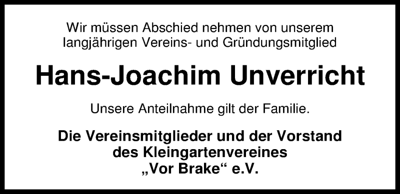  Traueranzeige für Hans-Joachim Unverricht vom 28.05.2016 aus Nordwest-Zeitung