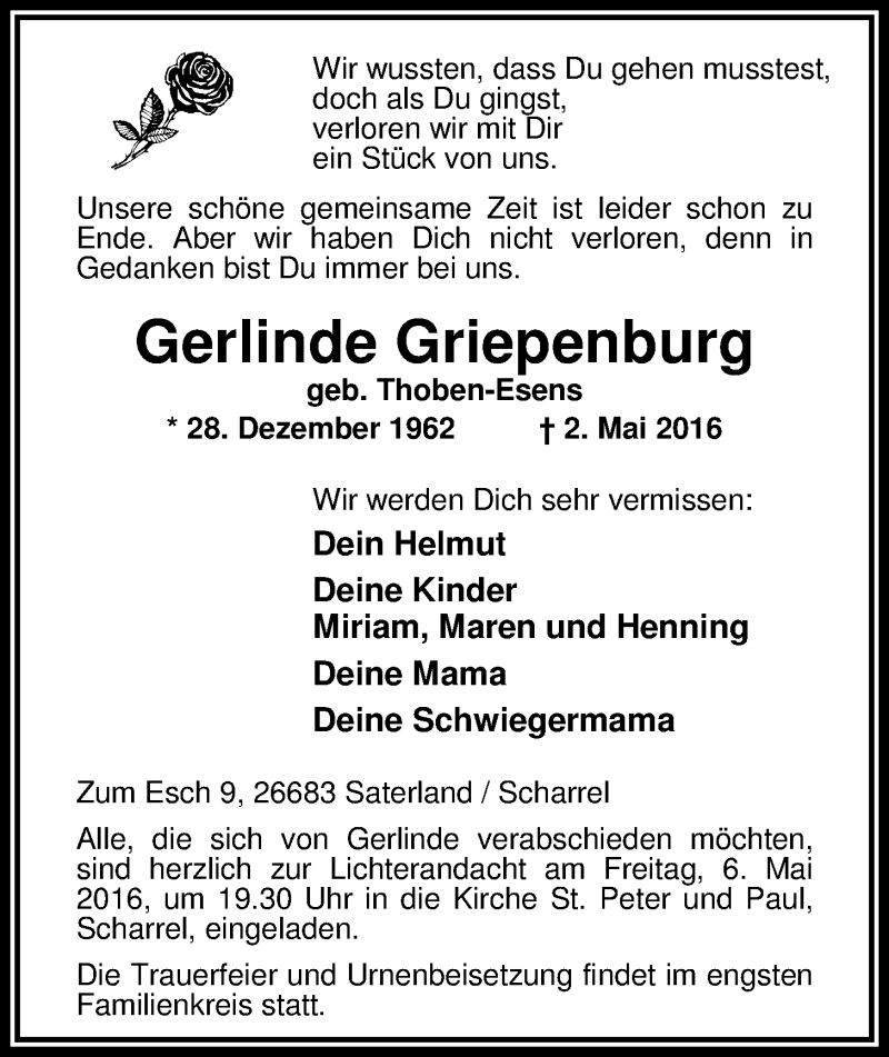  Traueranzeige für Gerlinde (Linda) Griepenburg vom 04.05.2016 aus Nordwest-Zeitung