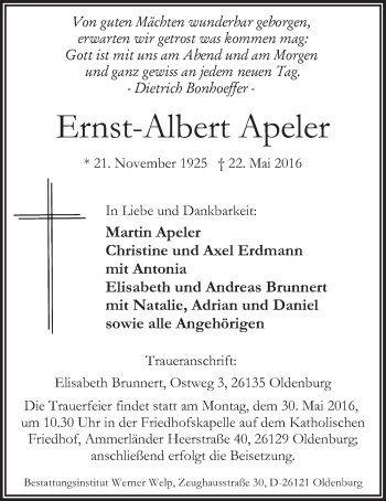 Traueranzeige von Ernst-Albert Apeler von Nordwest-Zeitung