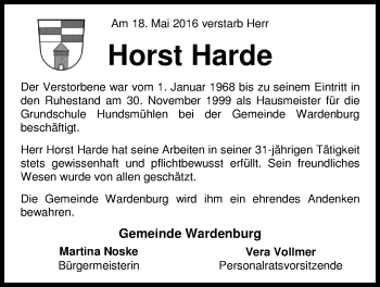 Traueranzeige von Horst Harde von Nordwest-Zeitung