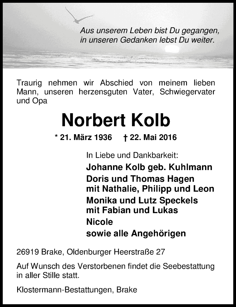  Traueranzeige für Norbert Kolb vom 28.05.2016 aus Nordwest-Zeitung