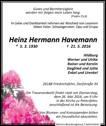 Traueranzeige von Heinz Hermann Havemann von Nordwest-Zeitung