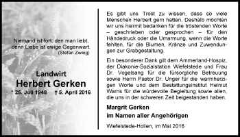 Traueranzeige von Herbert Gerken von Nordwest-Zeitung