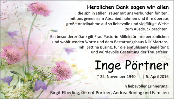 Traueranzeige von Inge Pörtner von Nordwest-Zeitung