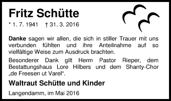 Traueranzeige von Fritz Schütte von Nordwest-Zeitung