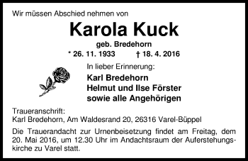 Traueranzeige von Karola Kuck von Nordwest-Zeitung