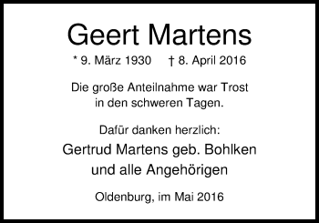 Traueranzeige von Geert Martens von Nordwest-Zeitung