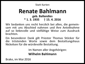 Traueranzeige von Renate Bahlmann von Nordwest-Zeitung