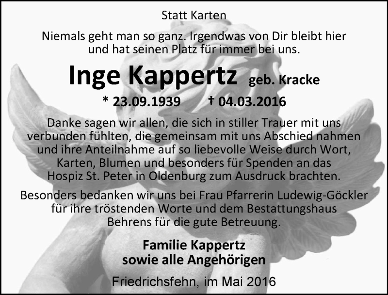  Traueranzeige für Inge Kappertz vom 28.05.2016 aus Nordwest-Zeitung