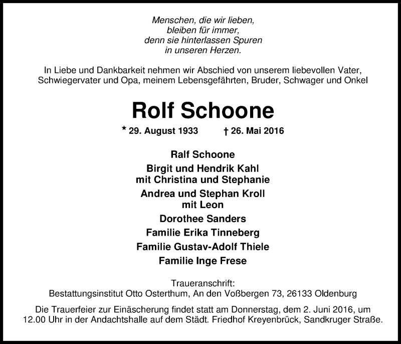  Traueranzeige für Rolf Schoone vom 28.05.2016 aus Nordwest-Zeitung