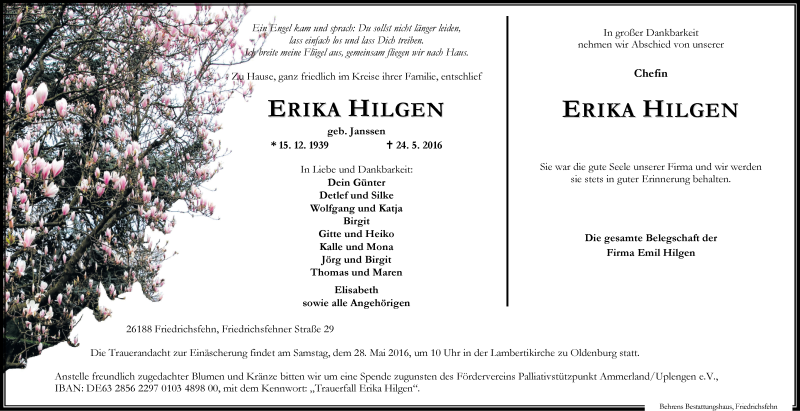  Traueranzeige für Erika Hilgen vom 26.05.2016 aus Nordwest-Zeitung