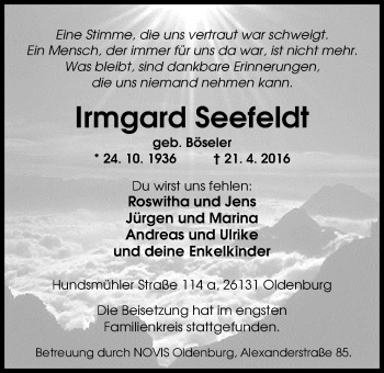 Traueranzeige von Irmgard Seefeldt von Nordwest-Zeitung