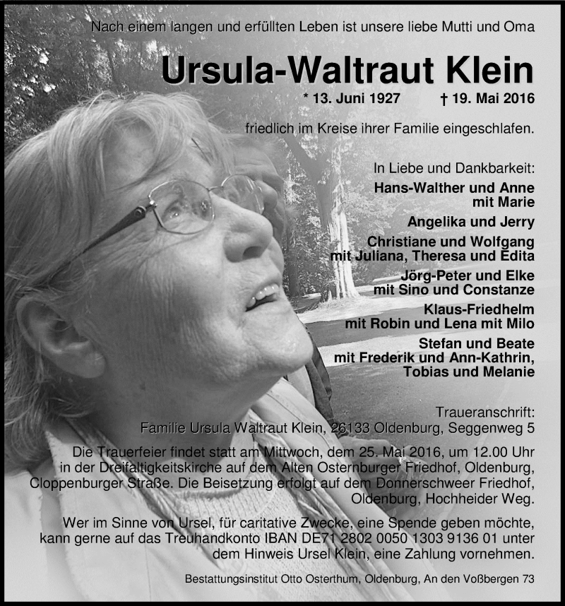 Traueranzeige für Ursula-Waltraut Klein vom 23.05.2016 aus Nordwest-Zeitung