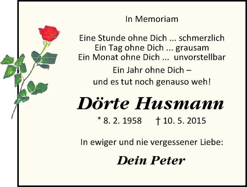  Traueranzeige für Dörte Husmann vom 10.05.2016 aus Nordwest-Zeitung