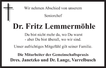 Traueranzeige von Fritz Lemmermöhle von Nordwest-Zeitung
