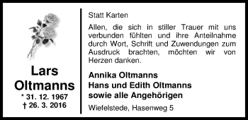 Traueranzeige von Lars Oltmanns von Nordwest-Zeitung