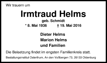 Traueranzeige von Irmtraud Helms von Nordwest-Zeitung