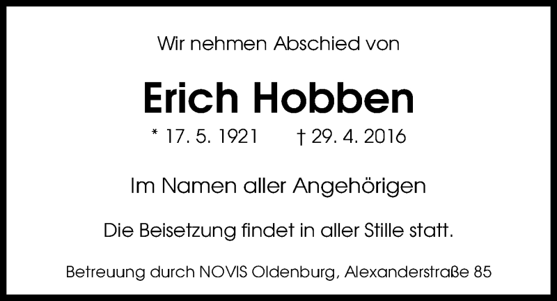  Traueranzeige für Erich Hobben vom 14.05.2016 aus Nordwest-Zeitung