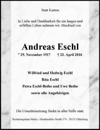 Traueranzeige von Andreas Eschl von Nordwest-Zeitung
