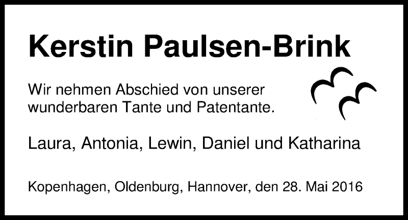  Traueranzeige für Kerstin Paulsen-Brink vom 28.05.2016 aus Nordwest-Zeitung