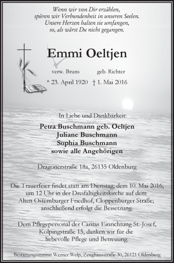 Traueranzeige von Emmi Oeltjen von Nordwest-Zeitung