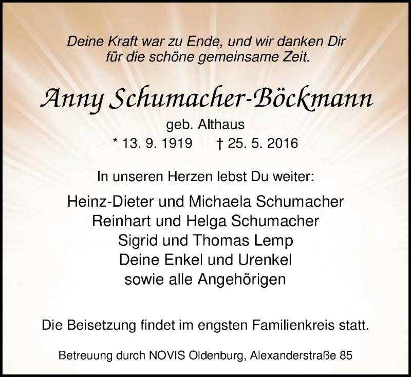  Traueranzeige für Anny Schumacher-Böckmann vom 28.05.2016 aus Nordwest-Zeitung