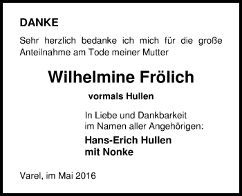 Traueranzeige von Wilhelmine Frölich von Nordwest-Zeitung