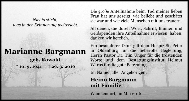  Traueranzeige für Marianne Bargmann vom 28.05.2016 aus Nordwest-Zeitung
