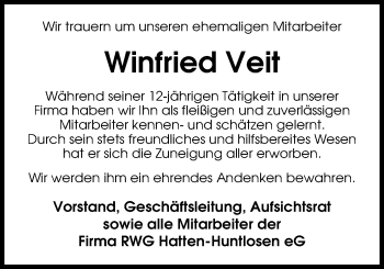 Traueranzeige von Winfried Veit von Nordwest-Zeitung