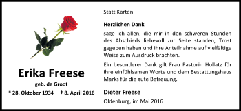 Traueranzeige von Erika Freese von Nordwest-Zeitung